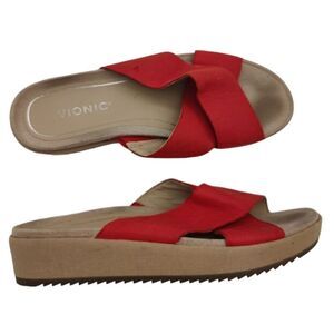 VIONIC Hayden Leather Platform Slide Sandal Womens‎ Size 9.5 Cherry Red Wedge